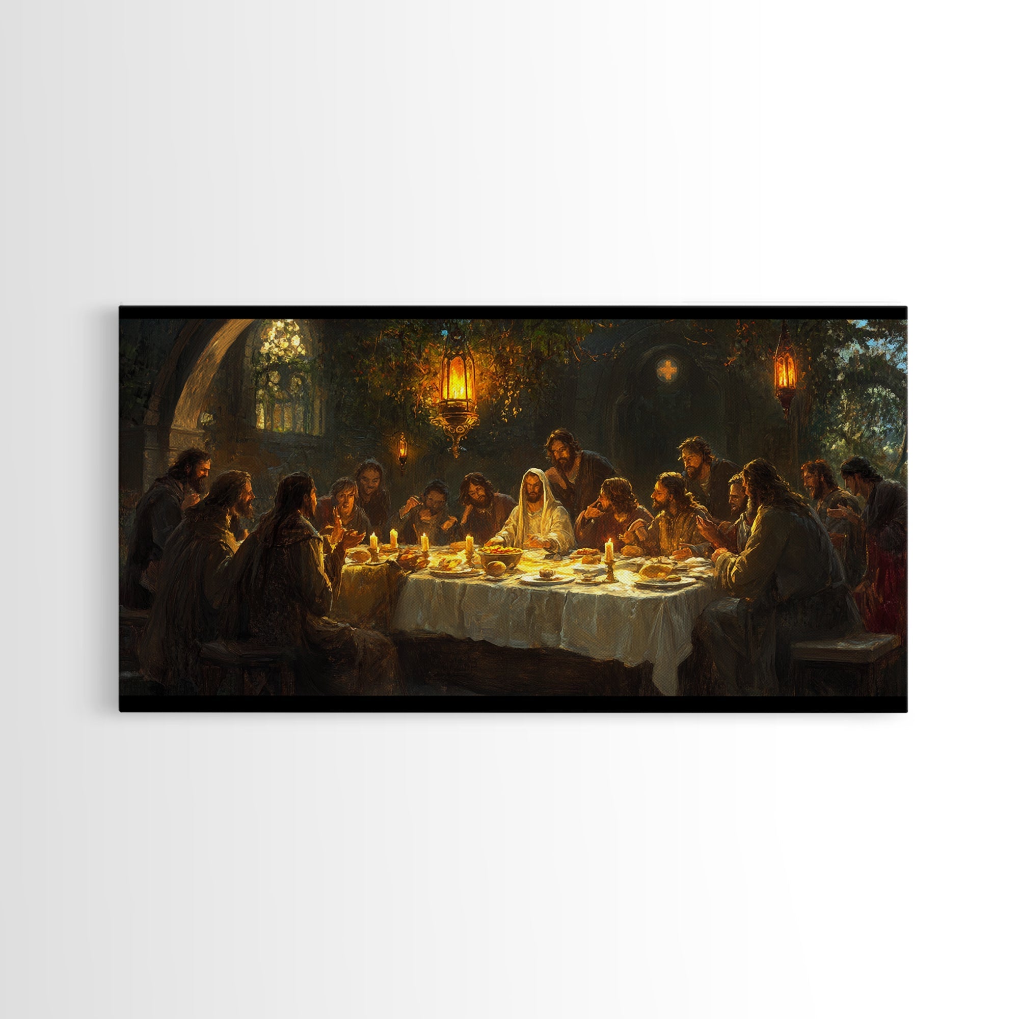 Framed canvas print of The Last Supper oil painting scene with dark figures and candlelit table.