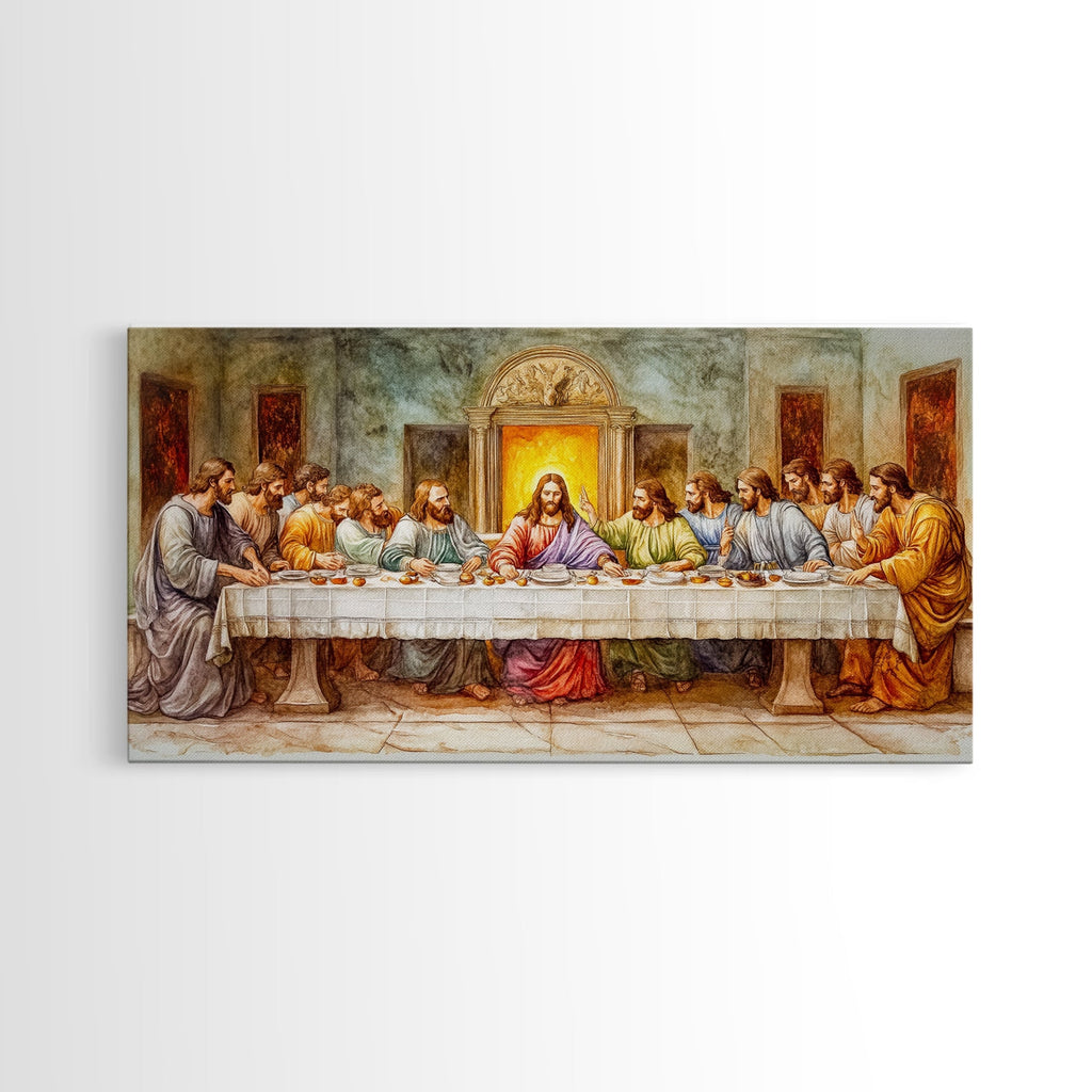 Framed canvas print of The Last Supper with Jesus seated in a glowing doorway