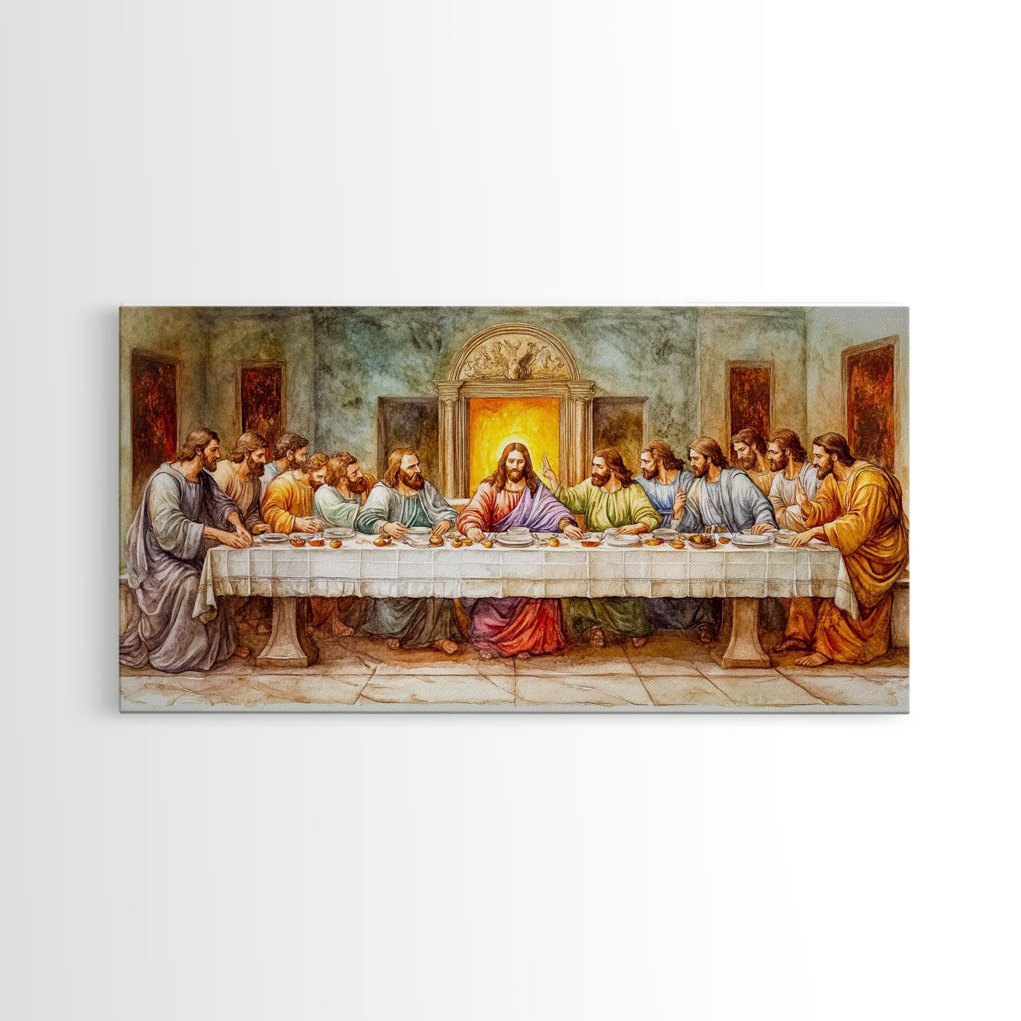 Framed canvas print of The Last Supper with Jesus seated in a glowing doorway