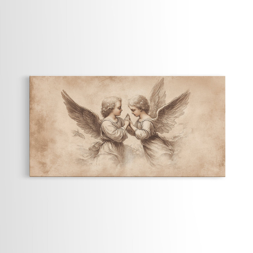 Angel wall art canvas print with two cherubs and wings, beige sketch style