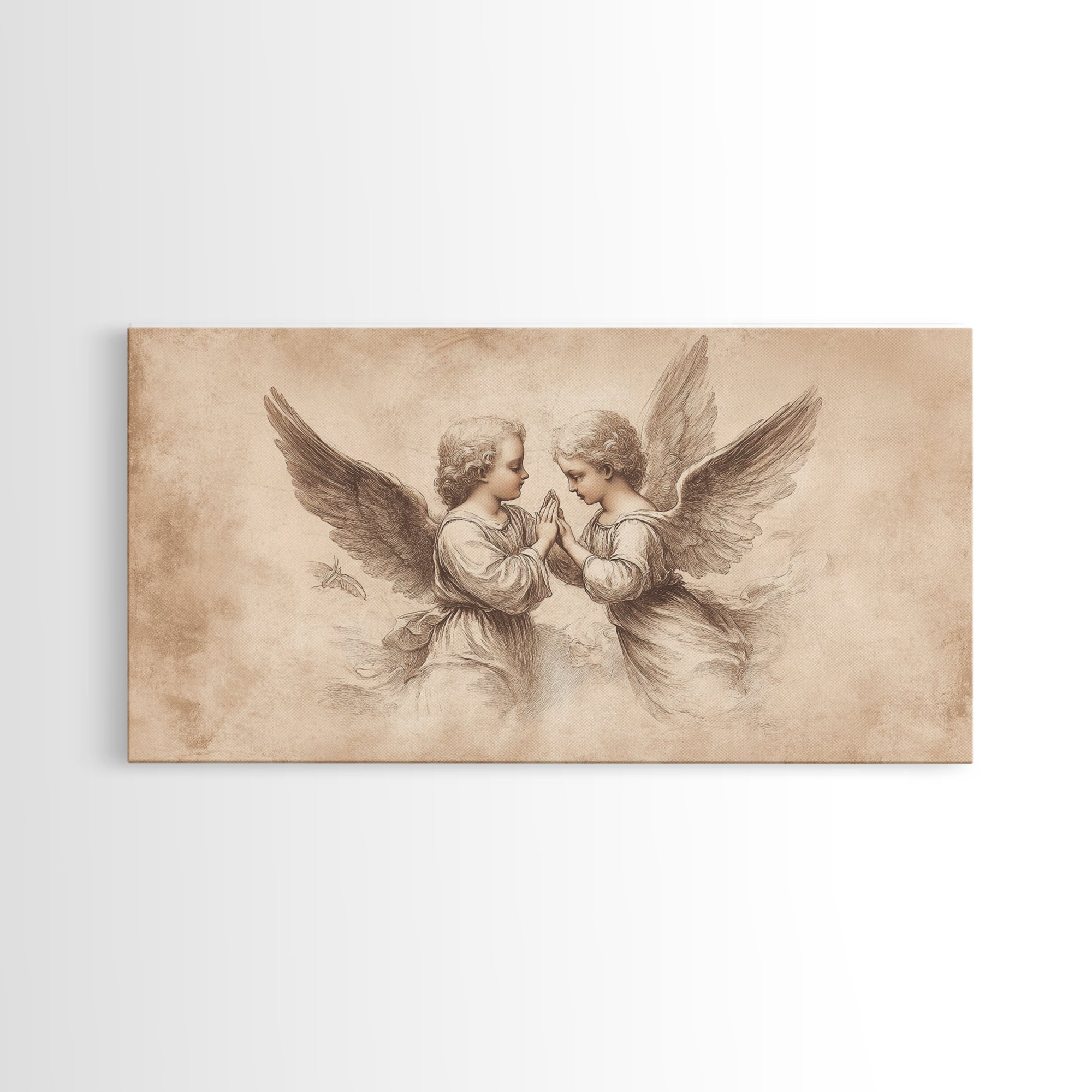 Angel wall art canvas print with two cherubs and wings, beige sketch style