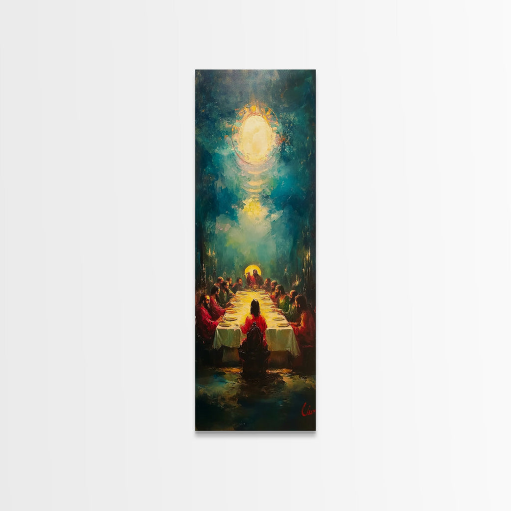 Last Supper canvas print with glowing Christ and apostles around a long table