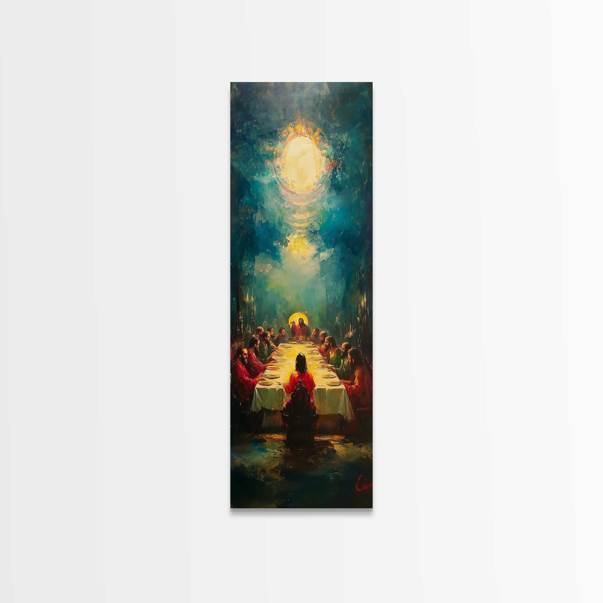 Last Supper canvas print with glowing Christ and apostles around a long table