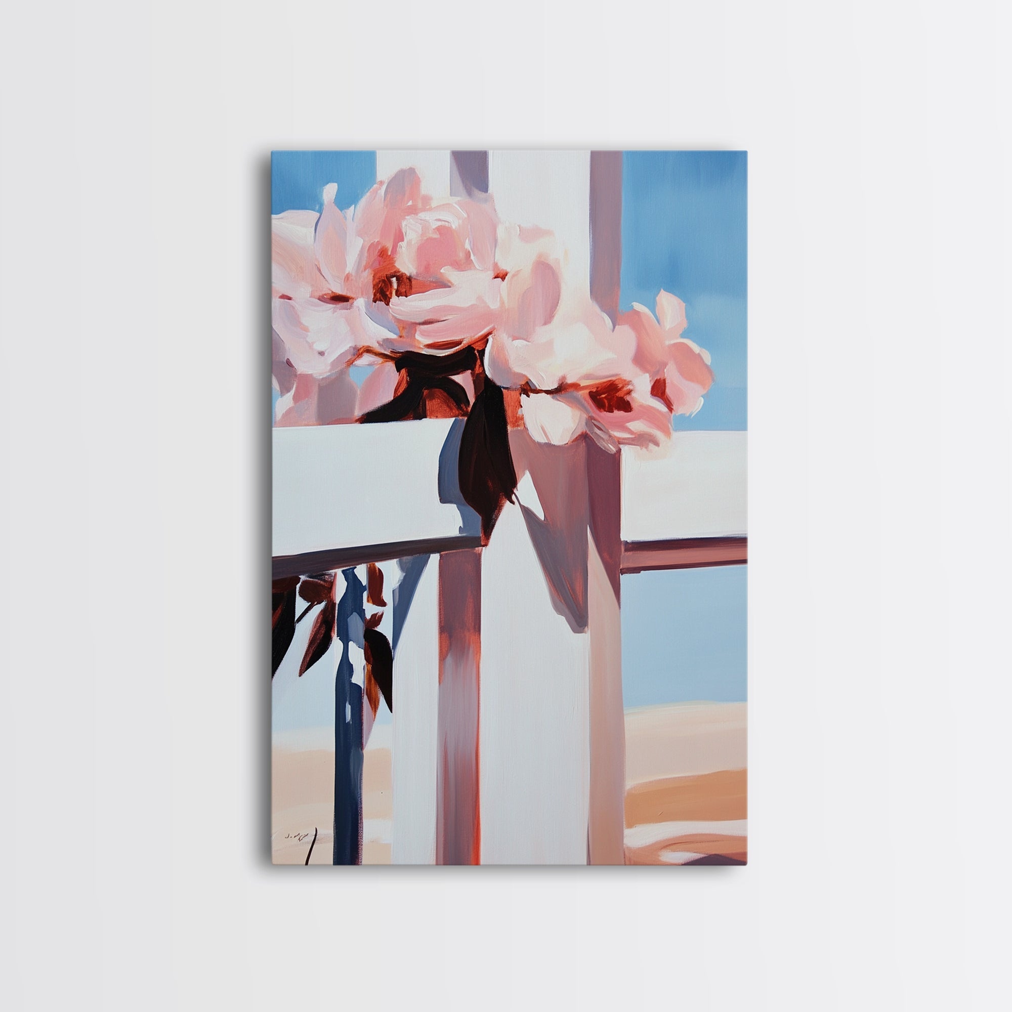 Floral peony cross abstract canvas print, soft pink and blue bouquet, unframed