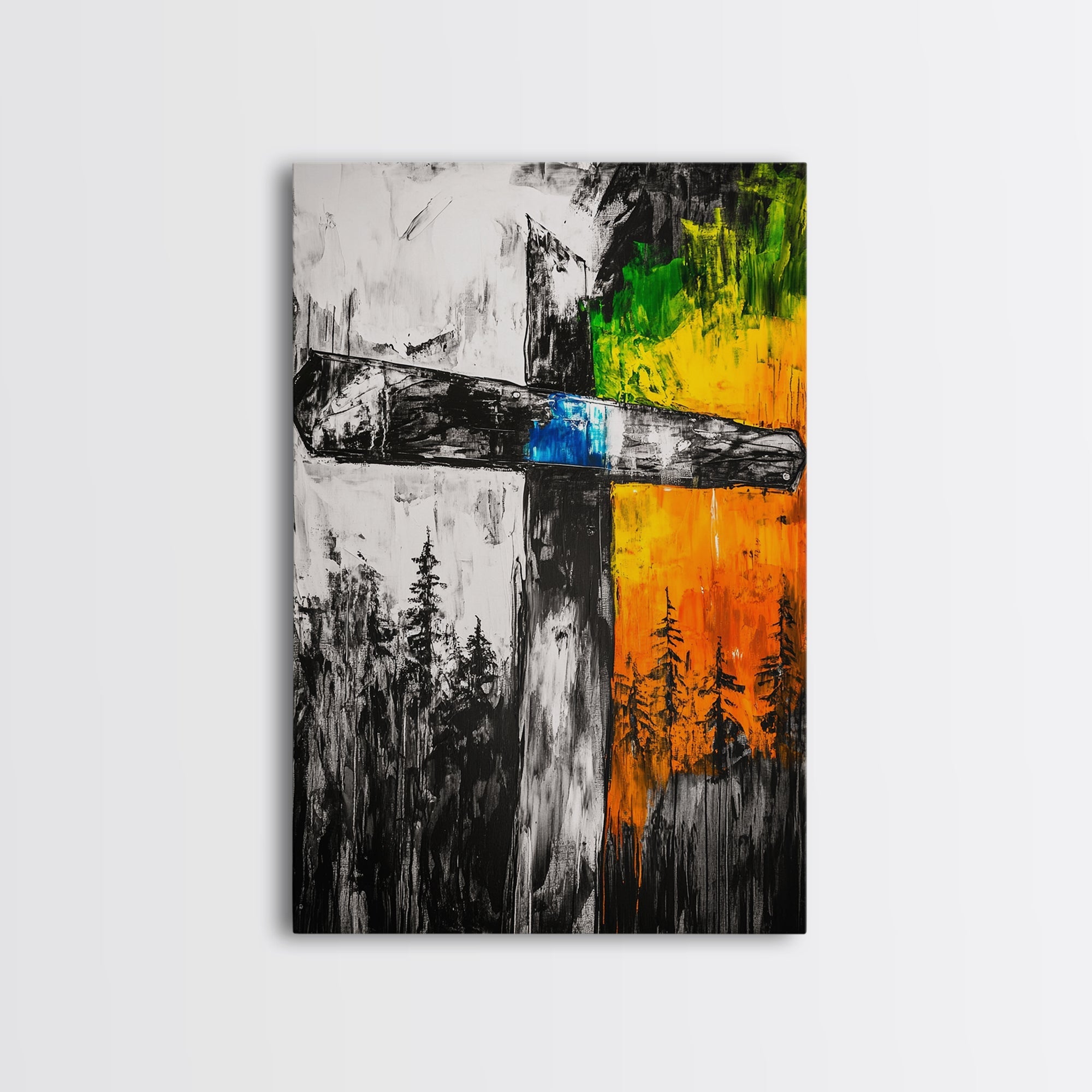 Wooden cross wall art canvas print with bold orange and green trees, black cross lines and blue streak