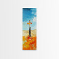 Gallery-wrapped canvas wall art with cross on textured blue sky and golden desert