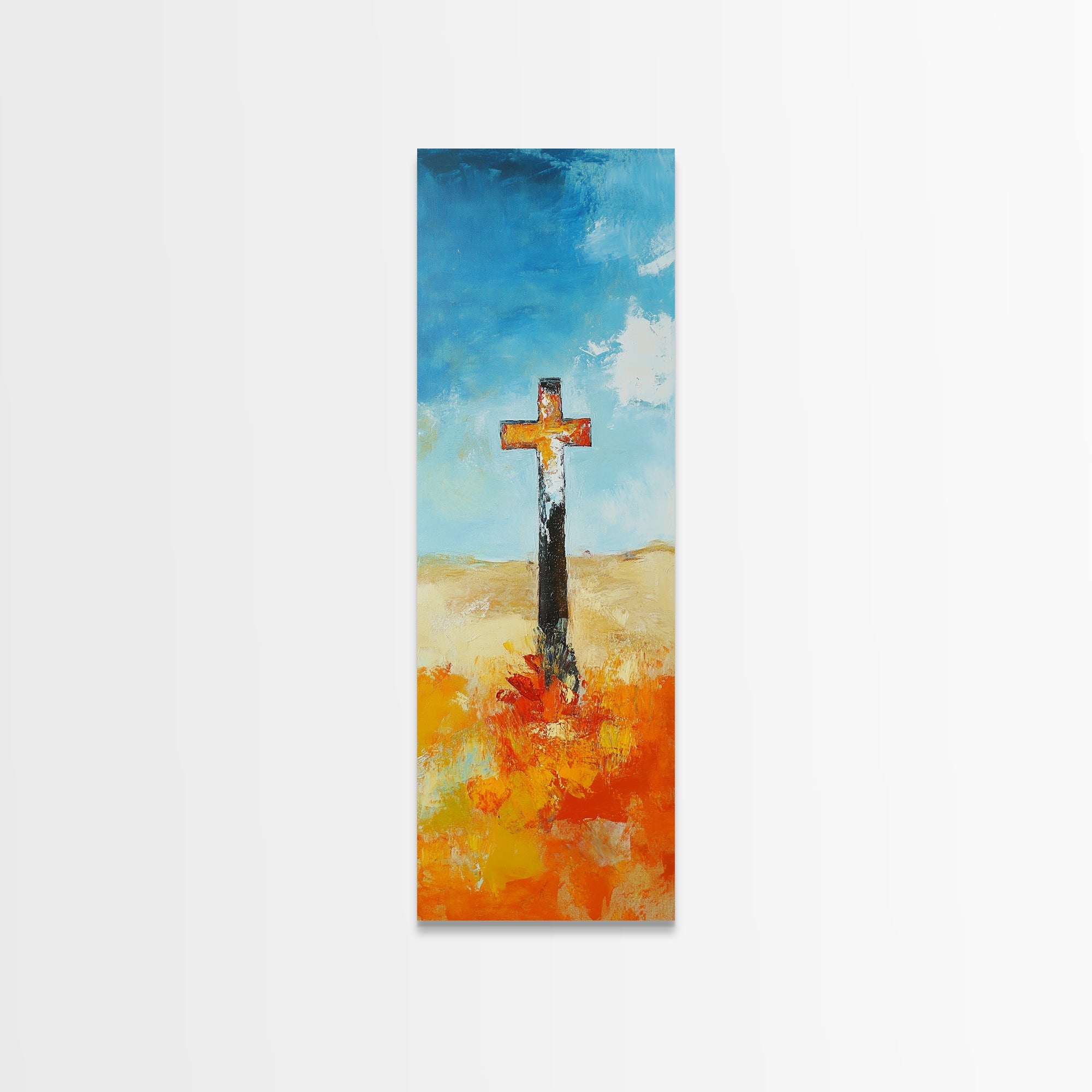 Gallery-wrapped canvas wall art with cross on textured blue sky and golden desert