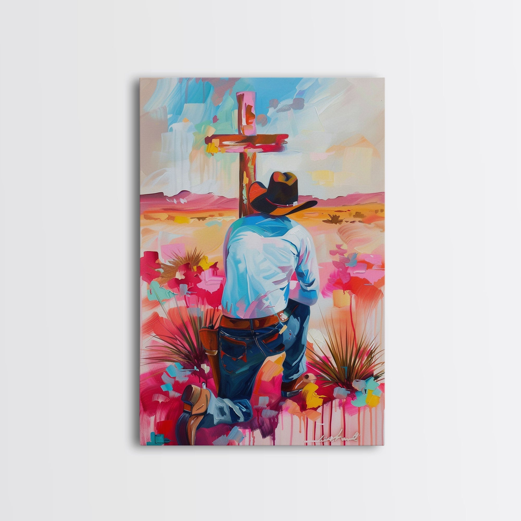 Canvas print of a cowboy praying at a red cross with colorful sunset and flowers