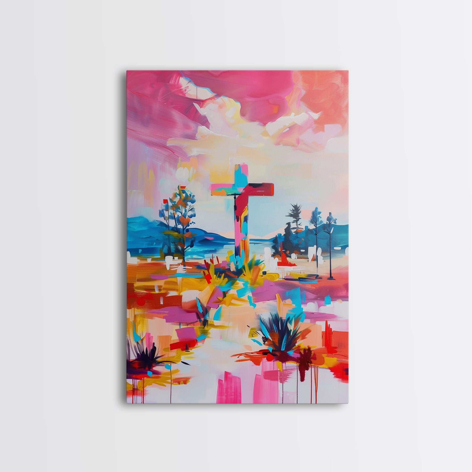 Light wood framed canvas wall art with colorful cross and desert western landscape, vivid