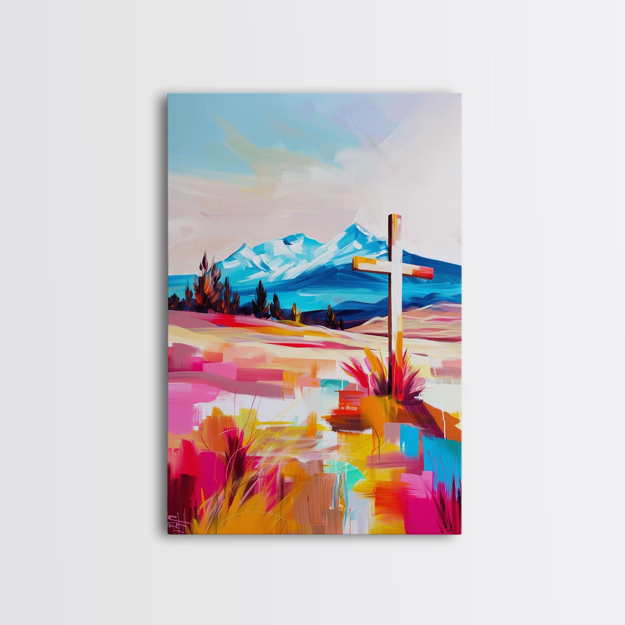 Gallery wrap canvas print with a cross over a colorful mountain desert landscape