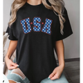 Black graphic T-shirt with USA stars-and-stripes lettering