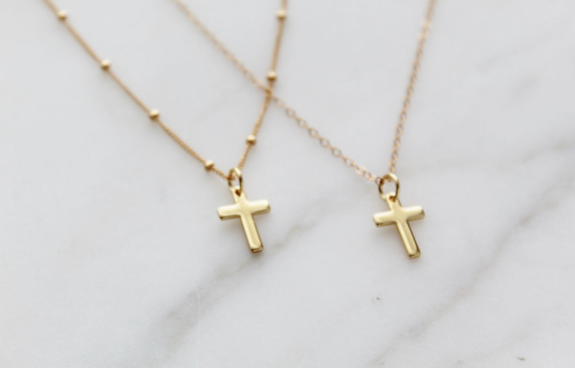 Gold cross pendant necklace on thin chain, small cross charm