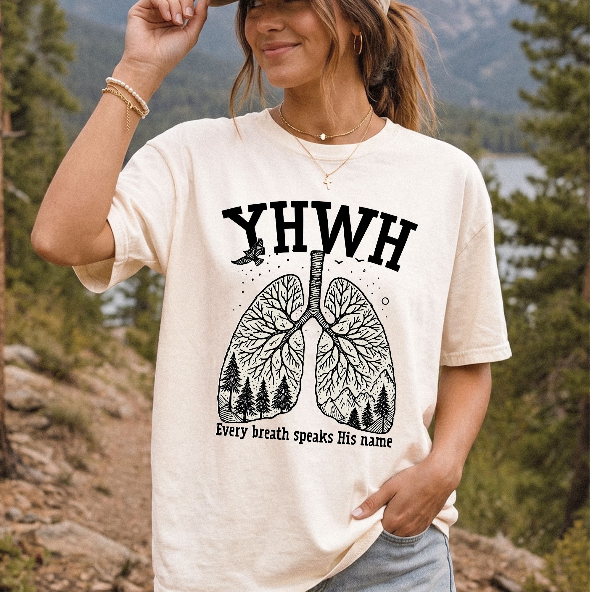 Ivory Christian T-shirt with YHWH and tree lungs artwork, crew neck