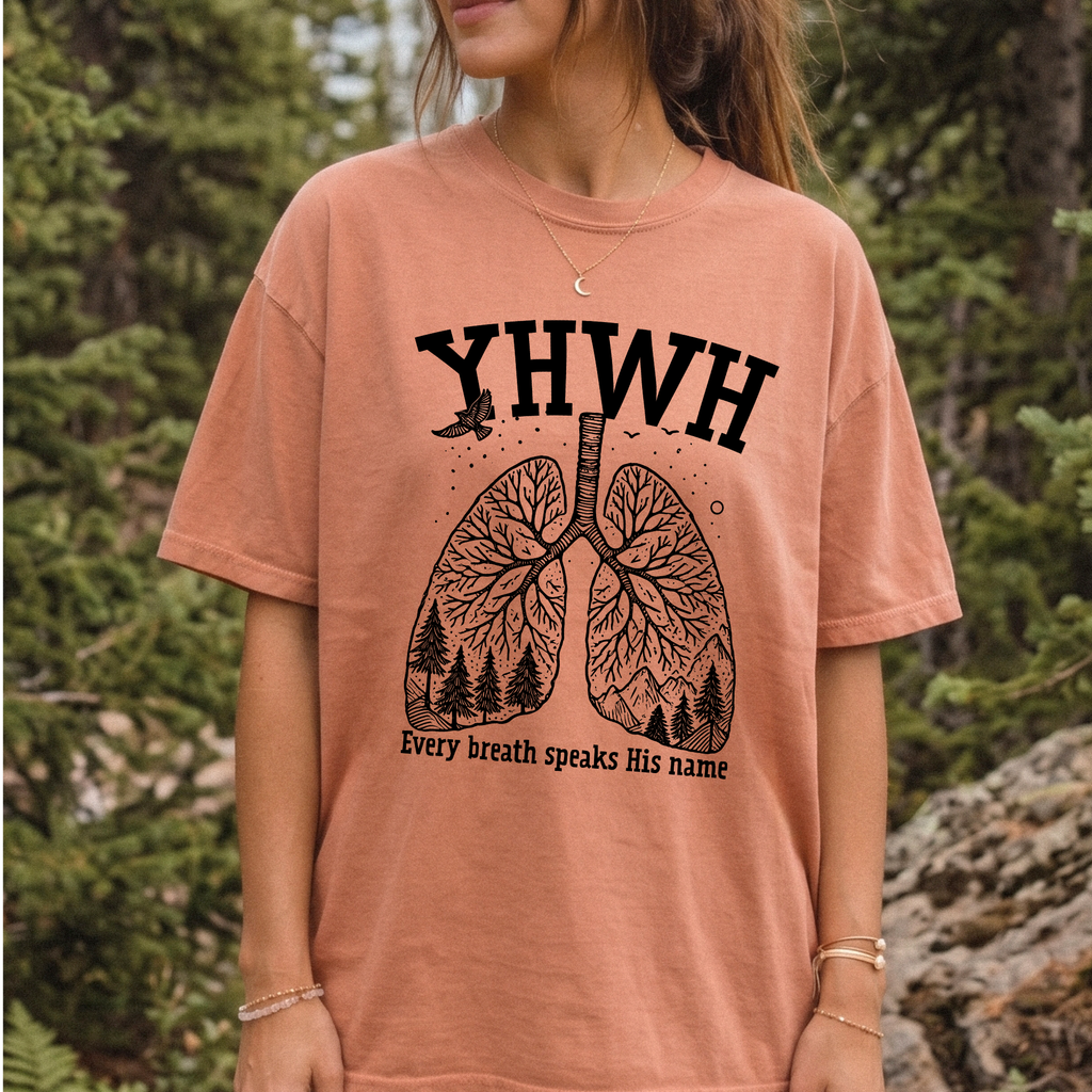 Terracotta Christian T-shirt with YHWH and tree lungs graphic, crew neck