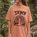 Terracotta Christian T-shirt with YHWH and tree lungs graphic, crew neck