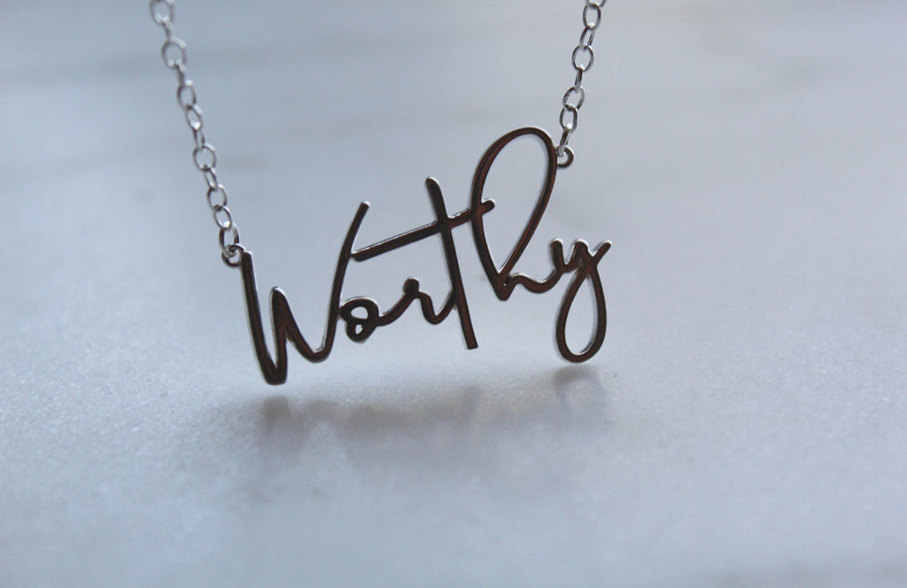 Sterling silver Worthy pendant necklace with dark finish pendant