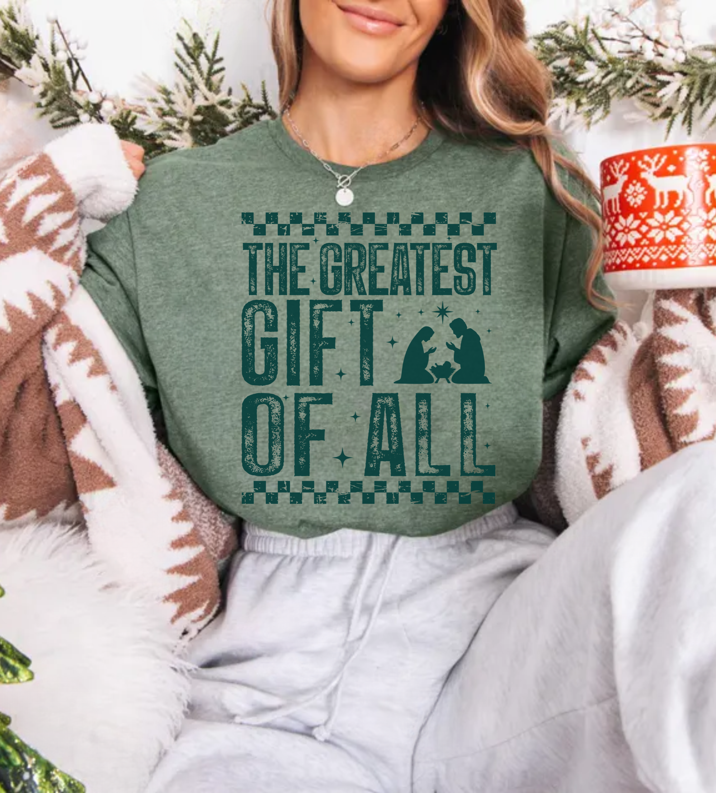 Green distressed unisex T-shirt with 'The Greatest Gift of All' front graphic