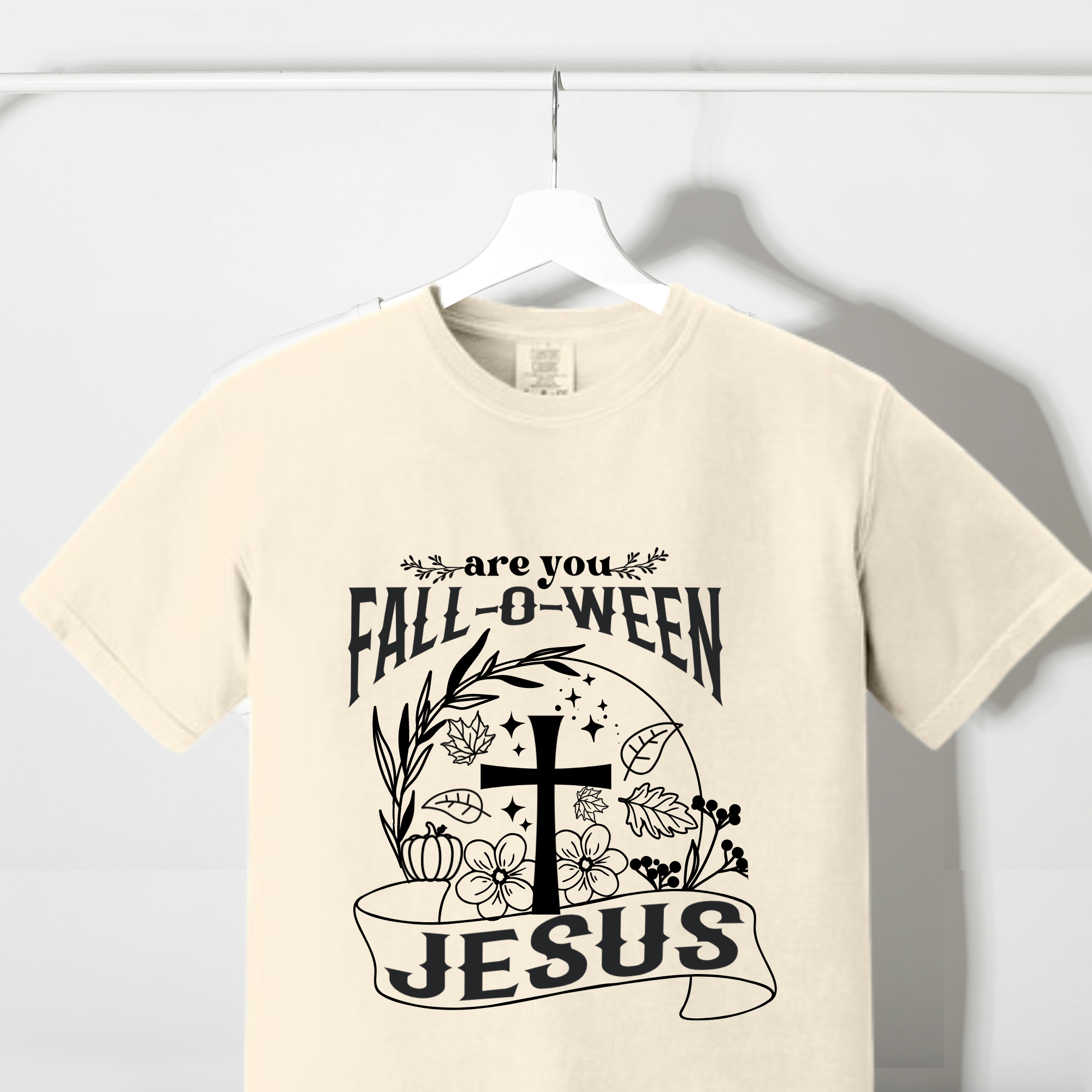 Beige comfort T-shirt with FALL-O-WEEN JESUS front graphic