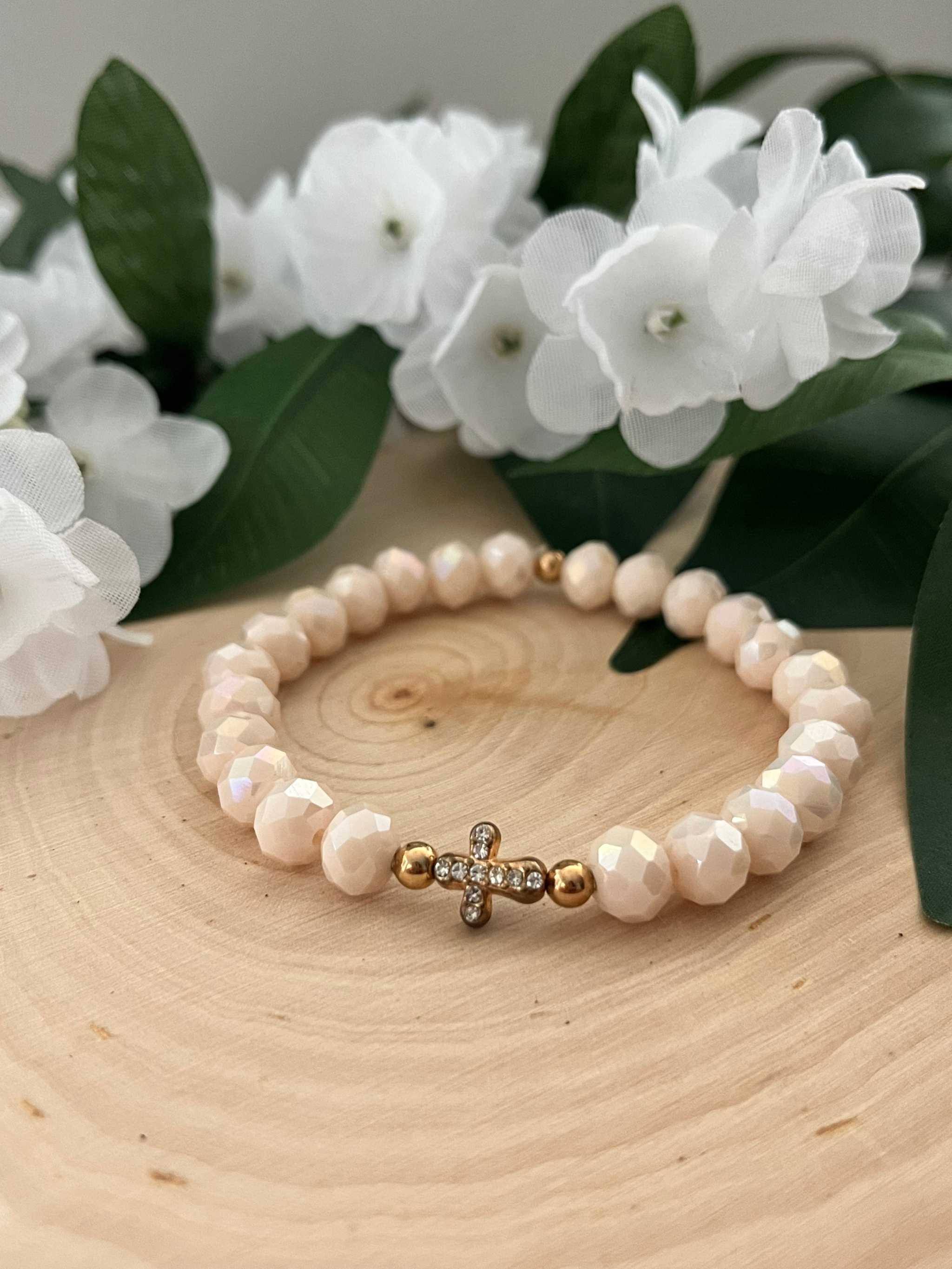 Cream pearl-style bead cross bracelet with gold cross charm