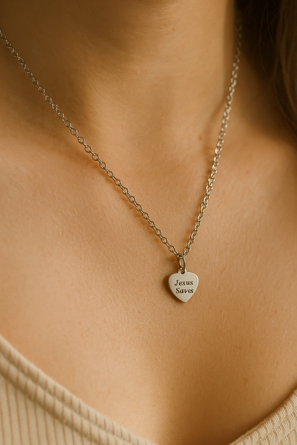 Silver chain necklace with round Jesus Saves stainless charm