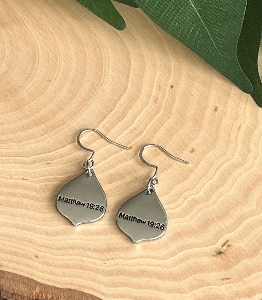 Silver teardrop dangle earrings with “Matthew 19:26” engraved on each charm.