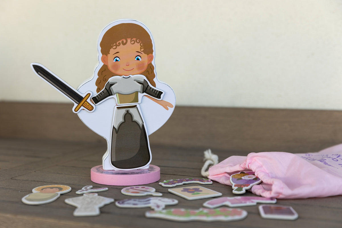 Magnetic wooden dress-up doll set with Saint Thérèse figure, sword, and accessories