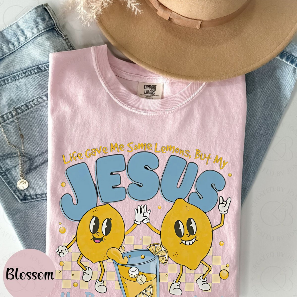 Pink T-shirt with Jesus lemon graphic, short sleeves, crew neck