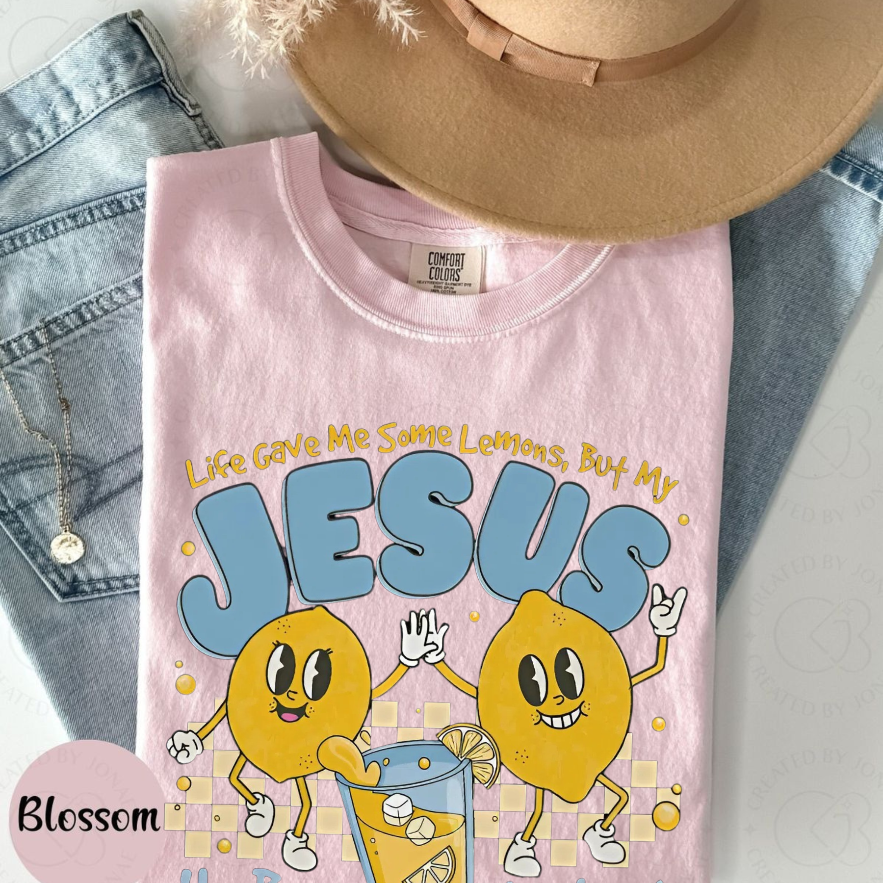 Pink T-shirt with Jesus lemon graphic, short sleeves, crew neck