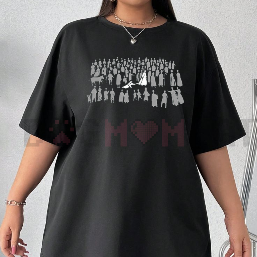 Dark T-shirt with large front group figures and heart print
