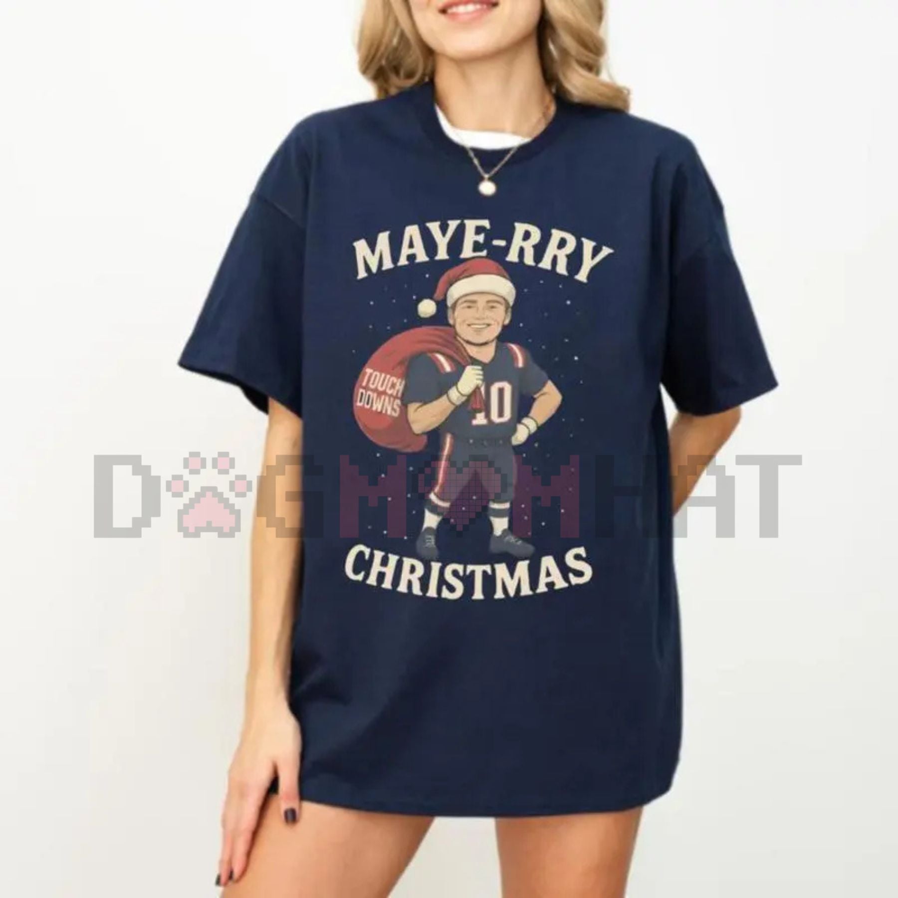 Navy T-shirt with MAYE-RRY football Christmas graphic and CHRISTMAS text