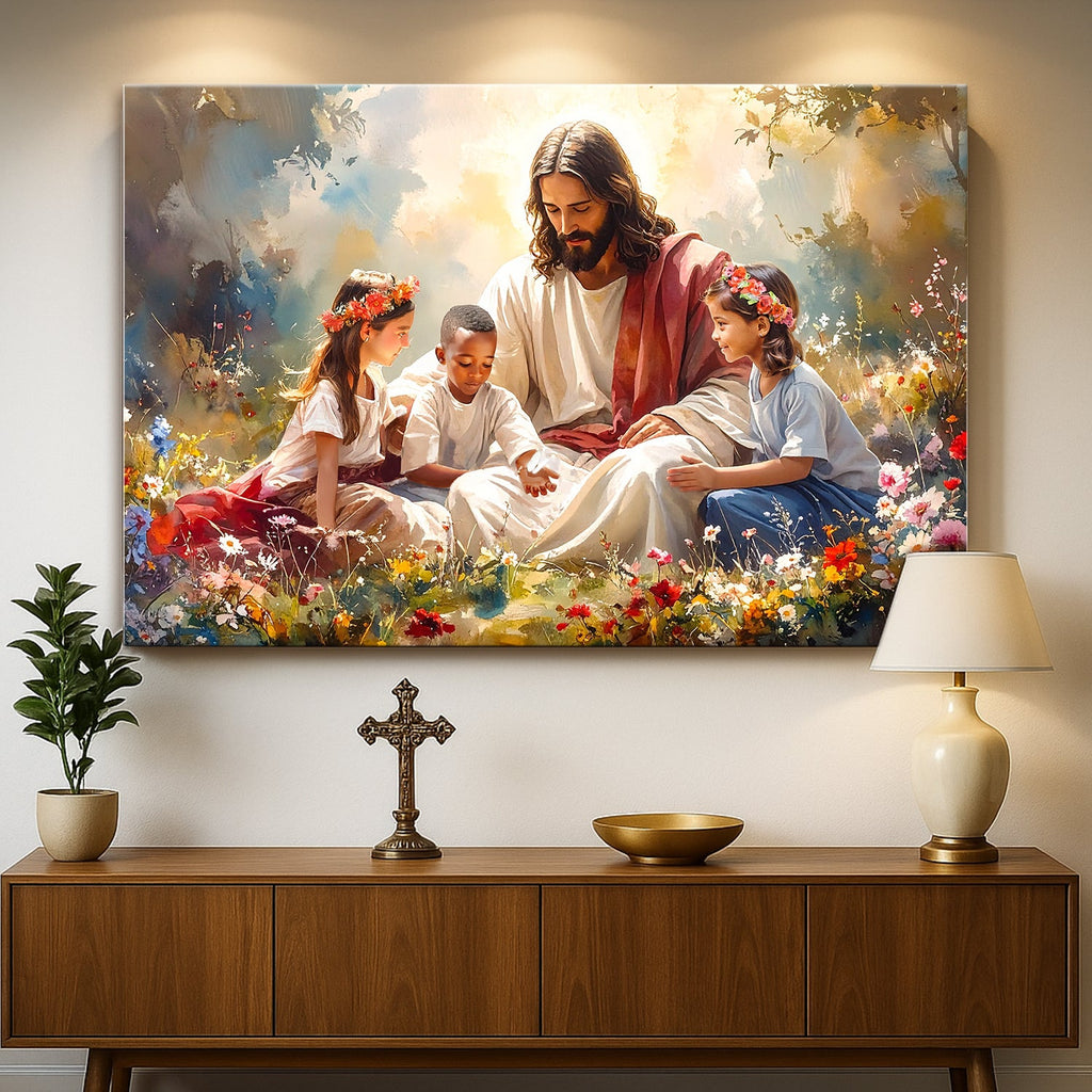 Wall canvas print of Jesus teaching three children in a blooming meadow