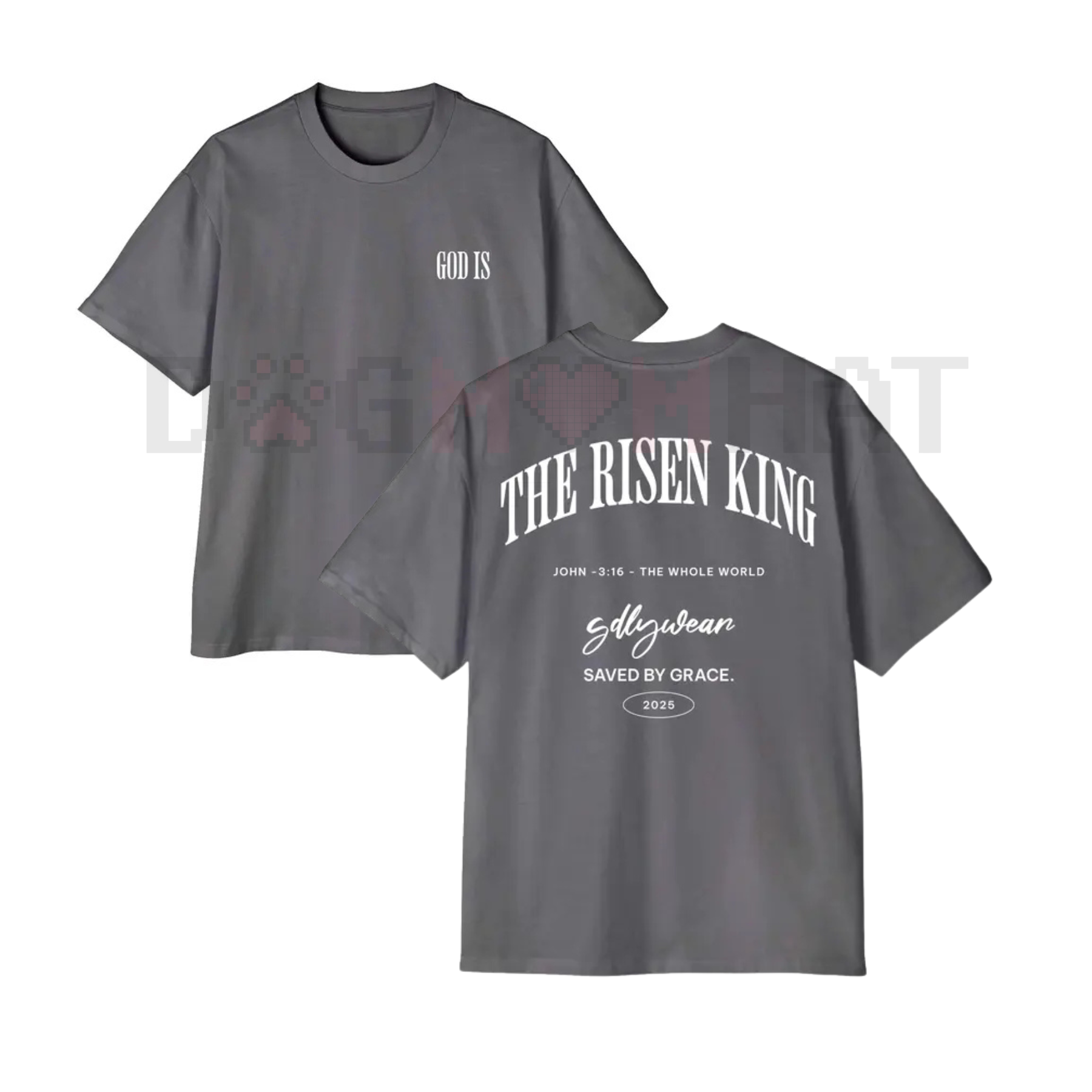 Gray crew-neck T-shirt with 'THE RISEN KING' Christian graphic front print