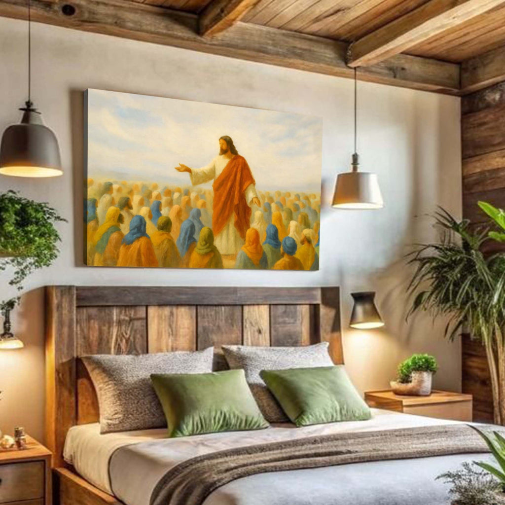 Faith wall art canvas showing Jesus in an orange robe speaking to a crowd