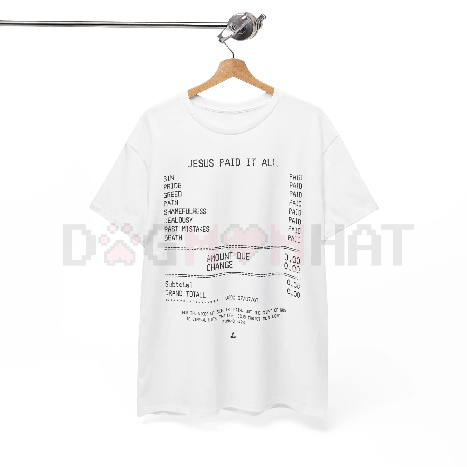 White 'Jesus paid it all' T-shirt hanging on a wooden hanger