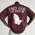 Men's graphic t-shirt, maroon back print: 'Only God Can Judge Me' with praying hands