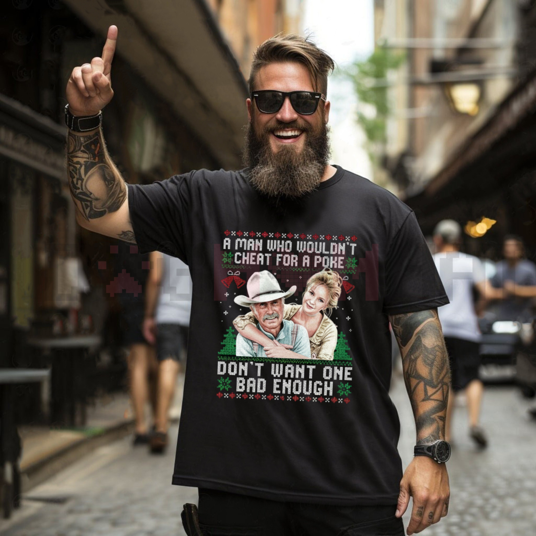 Black crewneck T-shirt with western character front graphic and slogan
