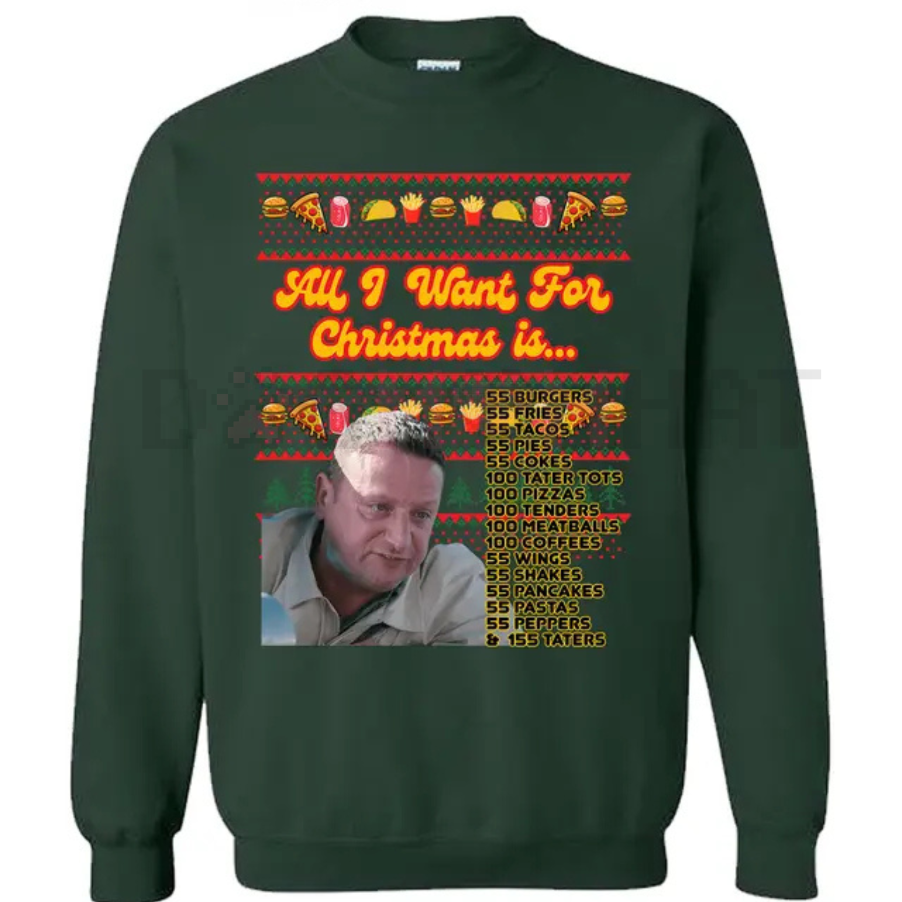 Dark green crewneck sweatshirt with colorful Christmas food-themed front graphic