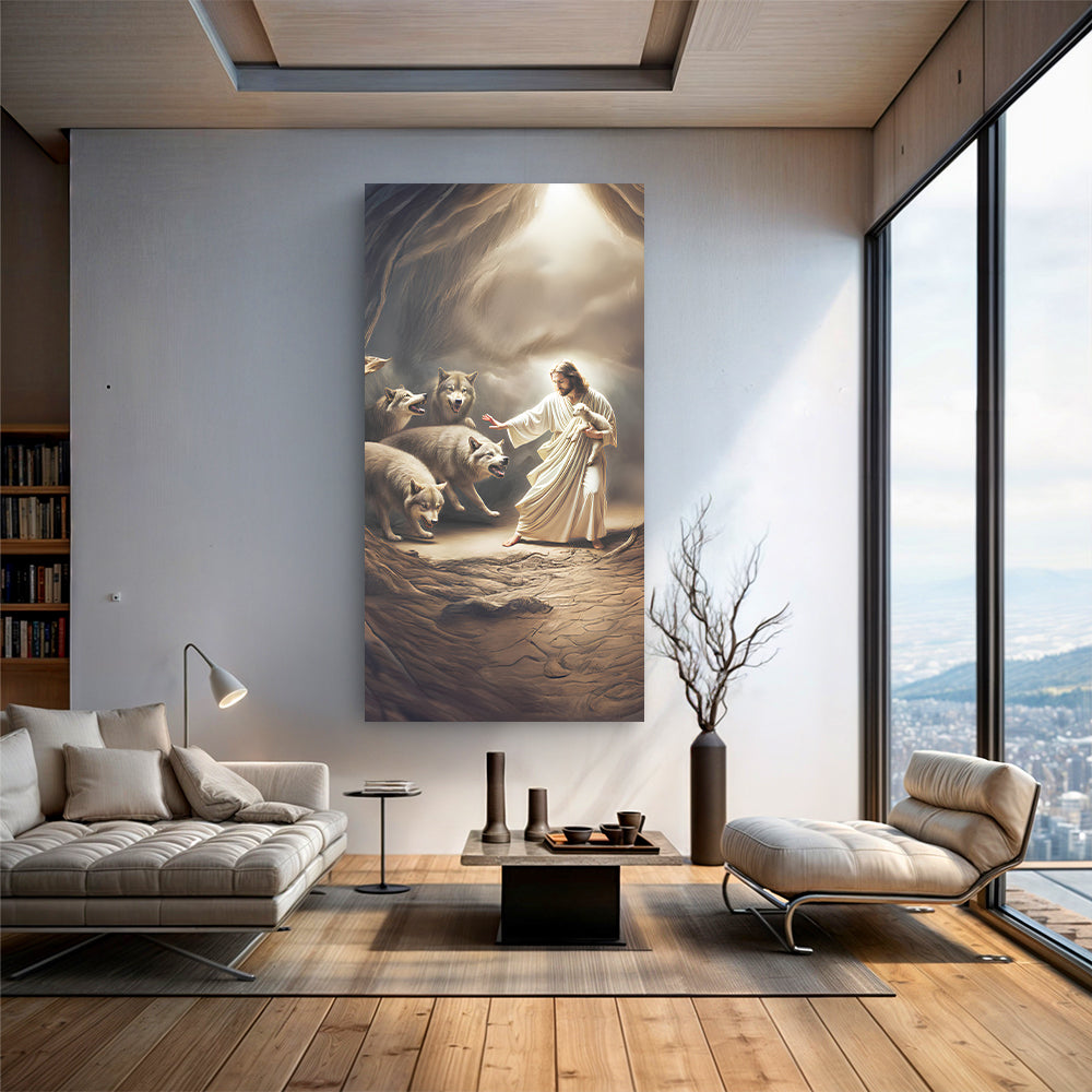 Faith wall art canvas featuring Jesus and wolves with lambs on a dusty path