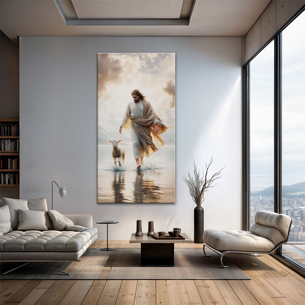 Landscape canvas wall art with Jesus carrying a robe as he walks with a lamb