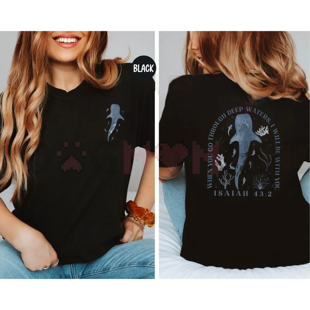 Black crewneck t-shirt with Isaiah 43:2 back print and blue water silhouettes