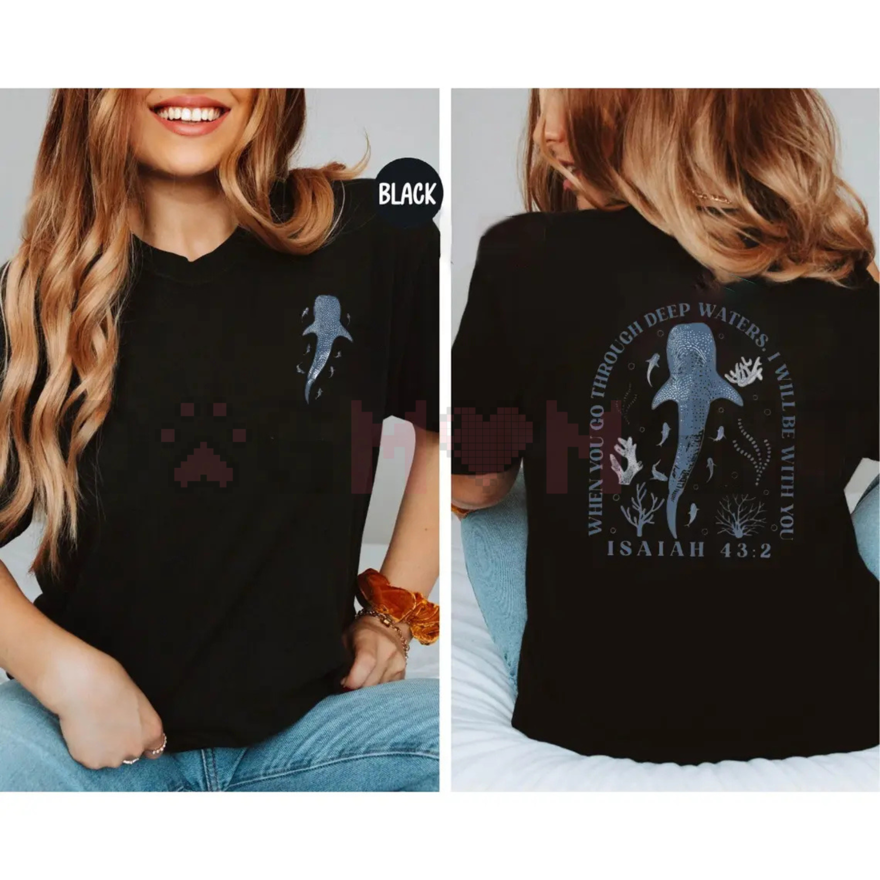 Black crewneck t-shirt with Isaiah 43:2 back print and blue water silhouettes