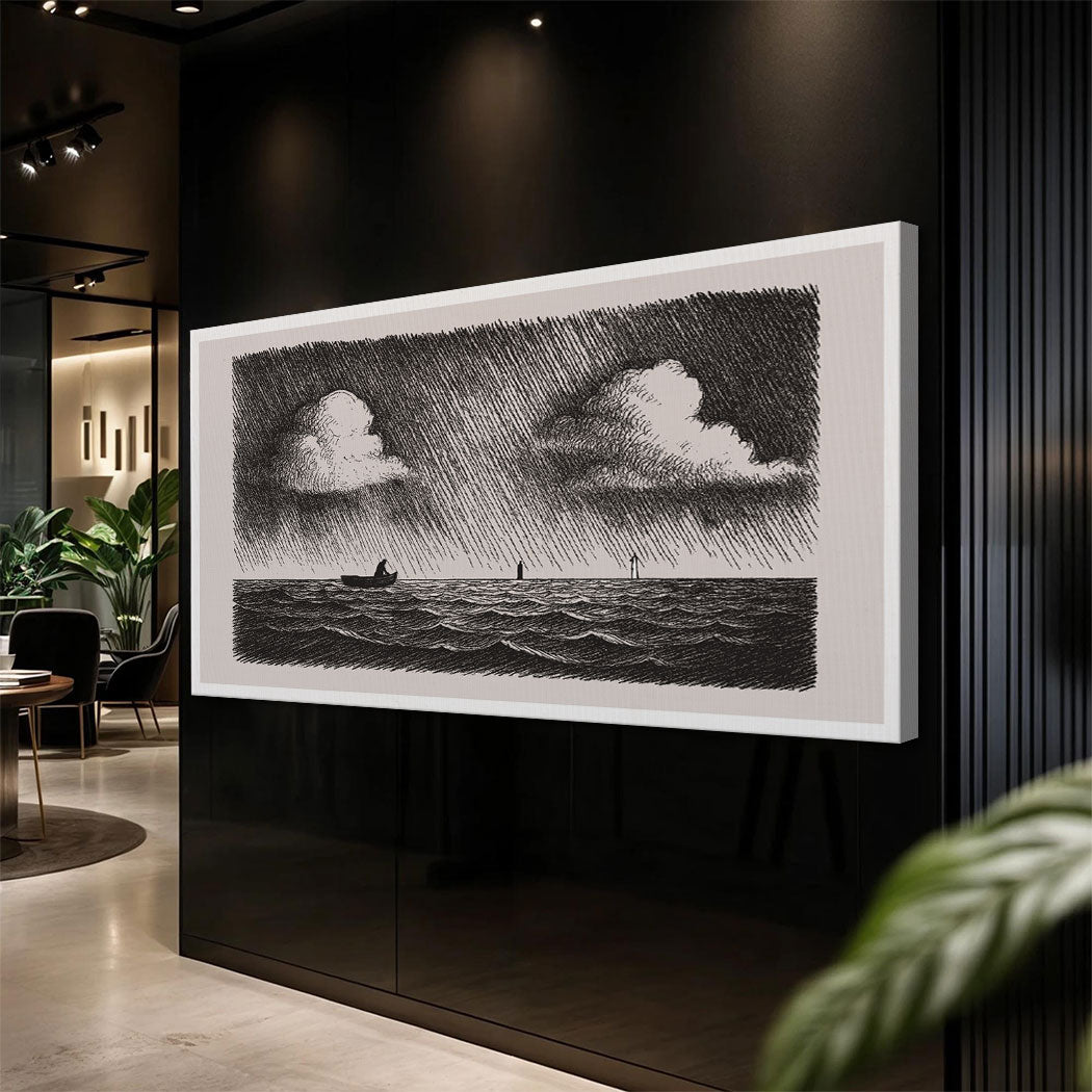 Framed monochrome canvas wall art depicting Jesus walking on water in a cloudy sky