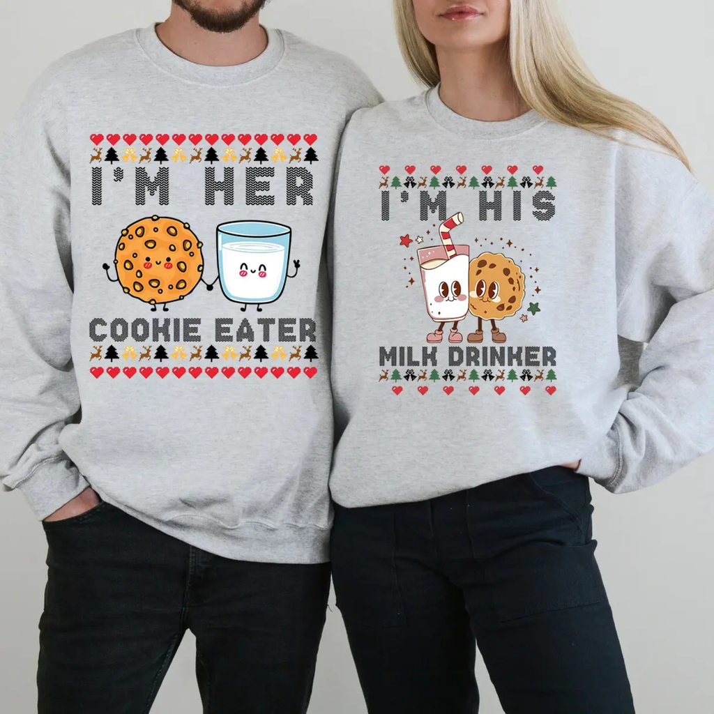 Heather gray Christmas sweatshirt with “I’M HER” cookie eater graphic and red hearts