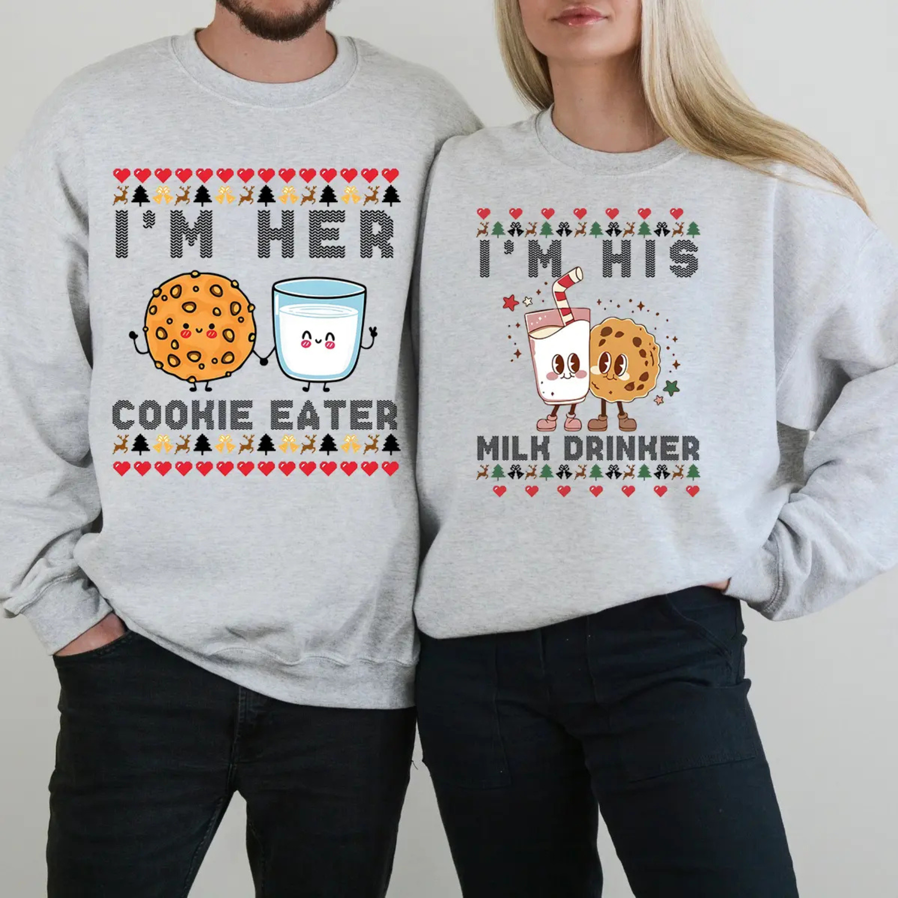 Heather gray Christmas sweatshirt with “I’M HER” cookie eater graphic and red hearts