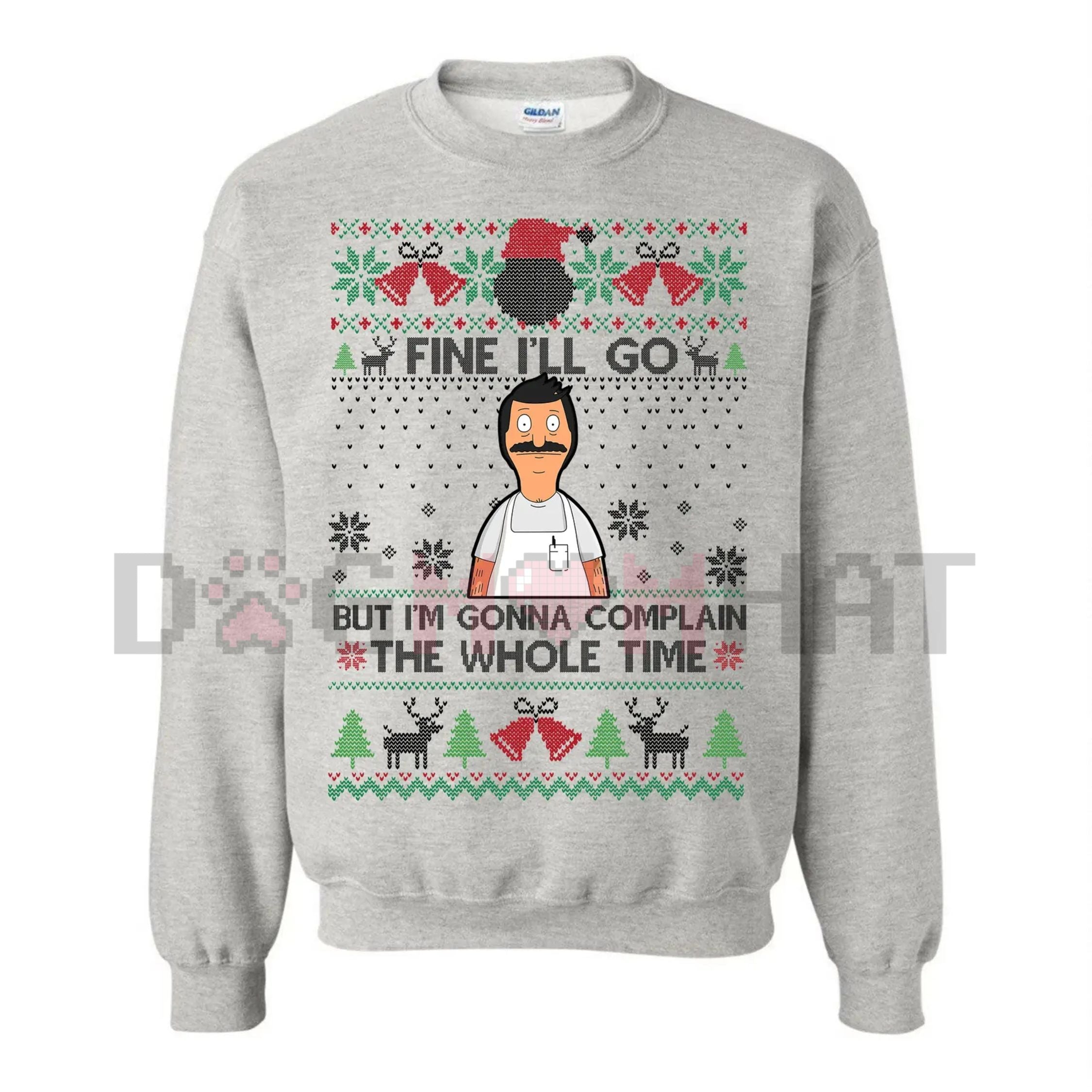 Heather gray crewneck holiday jumper with colorful festive front graphic and lettering
