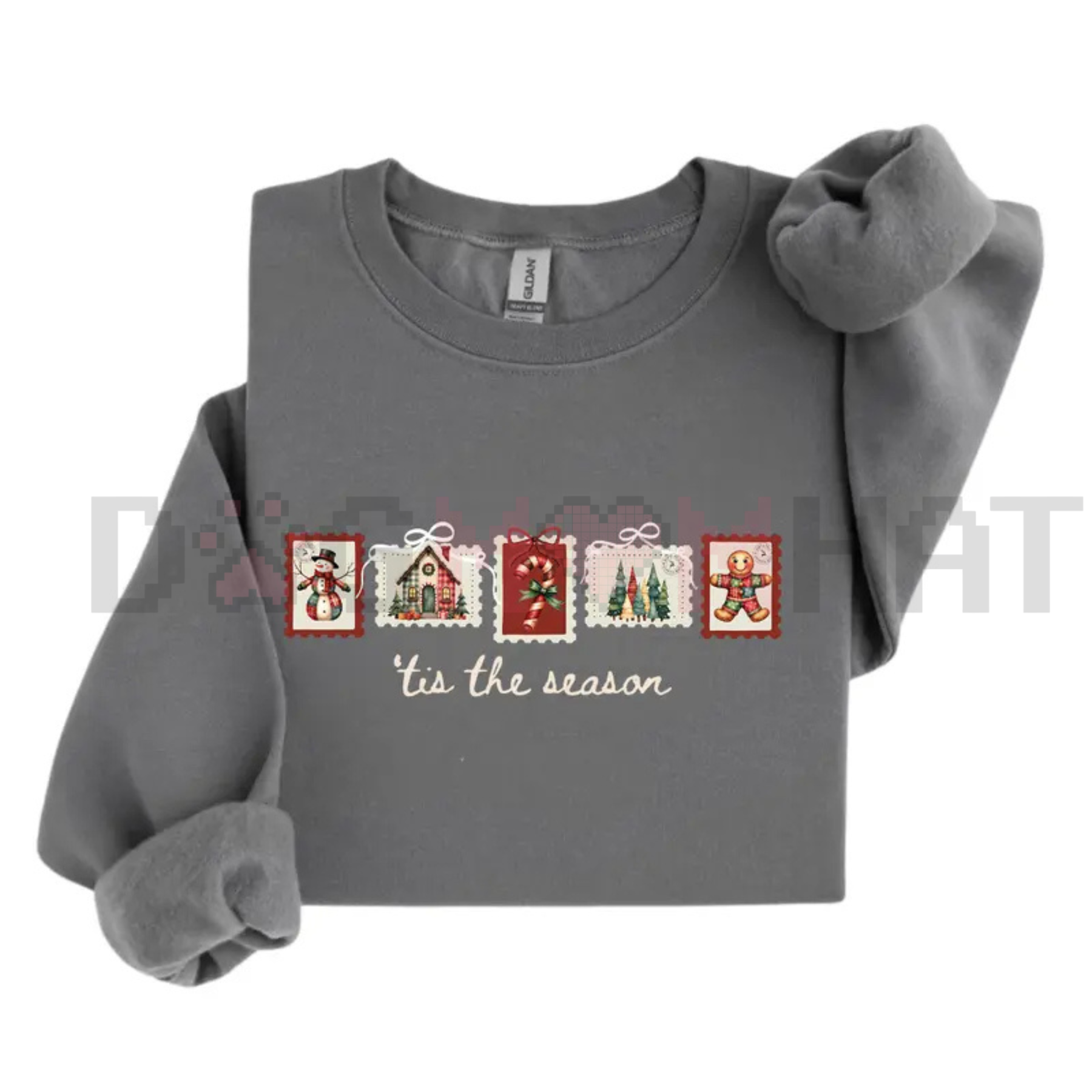 Gray sweatshirt with long sleeves and bow detail on the right shoulder