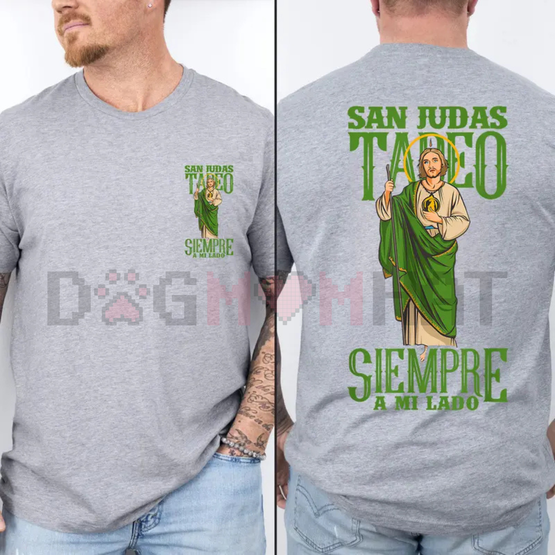 Gray graphic t-shirt with saint portrait and “Siempre a mi lado” print on back and front