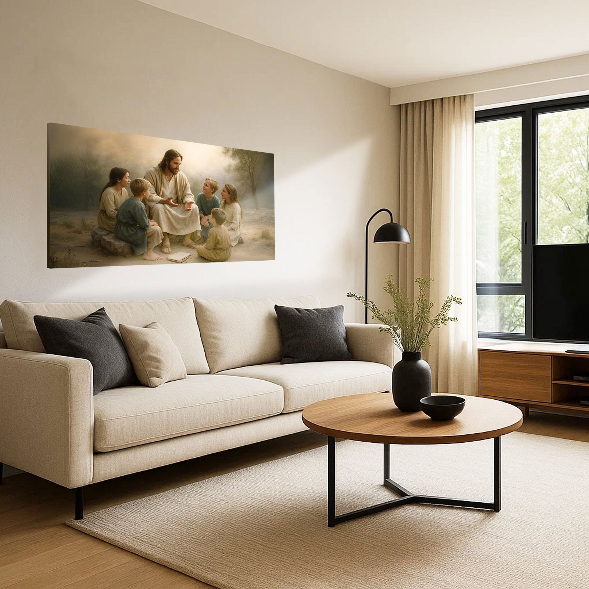 Framed wall art depicting Jesus with children gathered in prayerful poses