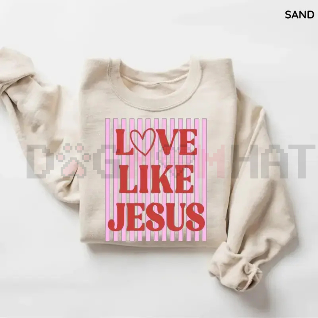 Sand valentine sweatshirt with Love Like Jesus graphic, crew neck and folded sleeves