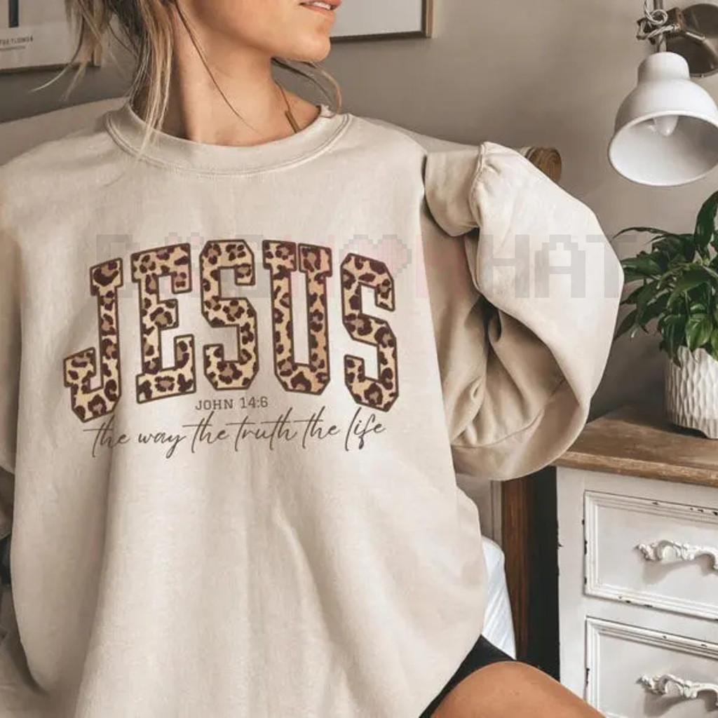 Beige Christian Jesus sweatshirt with leopard-print JESUS text and John 14:6